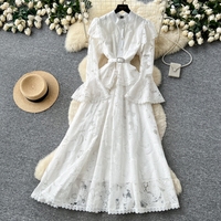 Robe longue élégante pour femme WIWT, rose, en dentelle, coupe trapèze, col montant, manches longues évasées, ceinturée, taille haute, décontractée, pour soirée