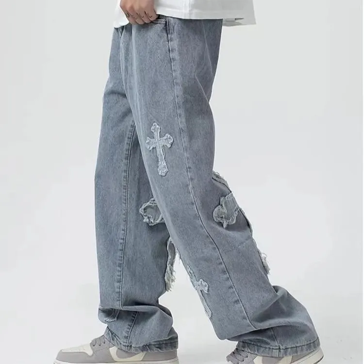 Jeans Boyfriend Hip Hop pantaloni larghi in Denim a gamba larga ricamati Jeans High Street da uomo