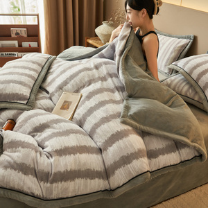 Literie d'hiver pour la maison, velours polaire épais, <span class=keywords><strong>housse</strong></span> <span class=keywords><strong>de</strong></span> <span class=keywords><strong>couette</strong></span> double face, drap plat, taie d'oreiller, rayures 5D, <span class=keywords><strong>flanelle</strong></span> polaire, linge <span class=keywords><strong>de</strong></span> lit - Product Image 1