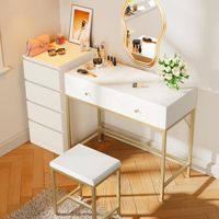 Vente en gros de coiffeuse moderne blanche et dorée avec 2 tiroirs, table de maquillage en bois pour chambre à coucher