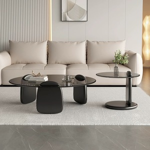 Wabi-Sabi Style Modern Minimalist <strong>Coffee</strong> <strong>Table</strong> Set Creative Design Living Room Premium Round Black <strong>Glass</strong> Tea <strong>Table</strong> Combination - Product Image 2