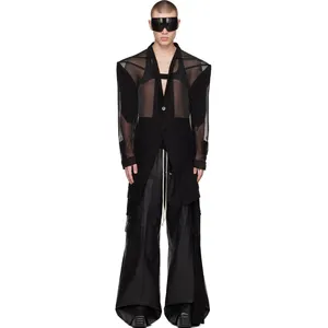 OEM translucent silk chiffon and nylon Mesh coat Black lace mid-length men's coat coat Trench