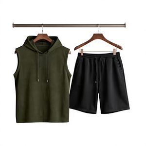 Conjunto de Sudadera sin Mangas con Capucha para Hombre, Color Sólido, Algodón French Terry, Ropa Casual de Verano, Pantalones Cortos Negros, Top Verde Oliva - Product Image 1