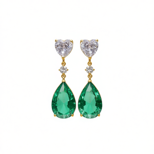 E1872 Orecchini pendenti in cristallo verde a forma di cuore, gioielli da festa di lusso da donna in oro 18 carati - Product Image 1