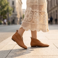 Sepatu Booties Kulit Sapi Anyaman Tangan, Ujung Runcing, Sol Datar, Model Slip On, Sepatu Ballet Retro Wanita
