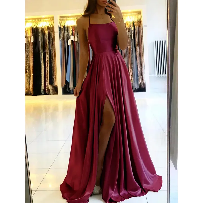 Brautjungfer kleider Weihnachten Sexy Seitens chlitz Verstellbare Träger Abend Abendkleid Burgund Satin Beach Maxi Frauen Kleid