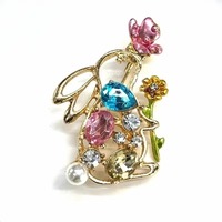 Bros Kelinci Warna Emas Berongga dengan Kristal & Enamel Bunga, Pin Kerah Aksesoris Wanita