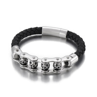Bracelet en cuir en acier inoxydable à fermoir magnétique rotatif avec tête de mort vintage pour homme-Style motard unique