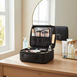 Grande trousse de maquillage noire en nylon avec fermeture éclair et poignée souple pour le rangement des cosmétiques, style moderne - Product Image 2