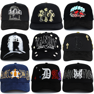 Mũ bóng chày nam 5 tấm màu đen, chất liệu vải lộn cotton satin, đỉnh mũ trung bình, logo thêu kim loại 3D tùy chỉnh HBA54, đính đá. - Product Image 1