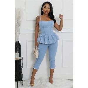 Custom Custom 2026 Denim Breathable Capri Set Women Sleeveless Crop <b>Top</b> and Pants with Ruffles <b>Distressed</b> Streetwear - Product Image 3