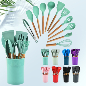 12PCS natural biodegradable wood cooking utensil kitchen wooden silicone utensils set