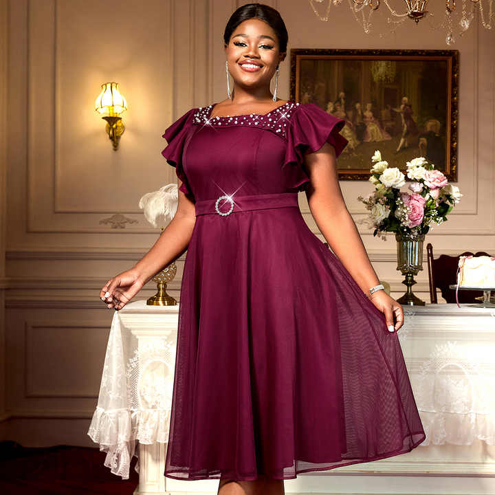 Plus Size Ever-Pretty Chiffon Purple Bridesmaid Dresses Evening Dresses Plus Size Tea Length Dresses With