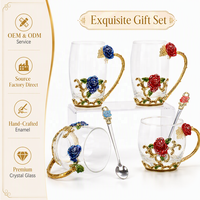 Ensemble de tasses à thé en verre émaillé floral élégant avec cuillère assortie dans une boîte bleue haut de gamme pour le bureau, les enseignants, les souvenirs de mariage, vente en gros