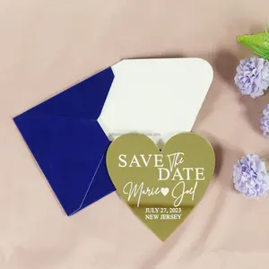कस्टम प्यारा दिल डिज़ाइन गोल्ड मिरर ऐक्रेलिक में डेट कार्ड को बचाने के लिए धन्यवाद कार्ड कार्ड Rsvp शादी के निमंत्रण कार्ड