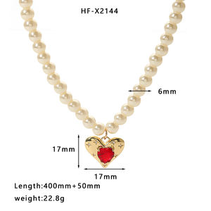 Collar de Perlas con Colgante de Corazón Clásico en Acero Inoxidable Chapado en Oro de 18K con Circonita Roja Rosa para Mujer, para el Día de San Valentín - Product Image 4