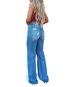 ג'ינס מצוקה שיקי עם מותניים גבוהים עם מכנסיים ארוכים של סלבריטאים באינטרנט עם התאמה רופפת וקצת מתלקחת