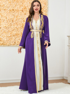 2026 Neuerscheinung Luxuriöses Goldbesticktes Baumwollsatin Leichtes Vierwege-Stretch Maxikleid Damen V-Ausschnitt Langarm Formell - Product Image 2