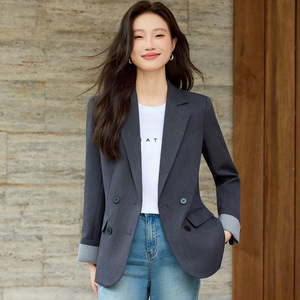 Women's Black Casual Blazer Double <b>Button</b> Solid Color Anti-Wrinkle Worsted Spring Autumn Plus Size <b>Suit</b> Top - Product Image 3