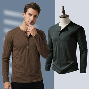 Men's Long Sleeve Henley T-Shirt Knitted Regular Fit Casual Solid Color Button-Up Front Logo Breathable V-Neck 100% Cotton - Product Image 2