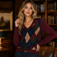 Pull en tricot personnalisé pour femme, col en V, jacquard Argyle, manches longues, style vintage preppy, vêtements en tricot pour femmes, OEM ODM