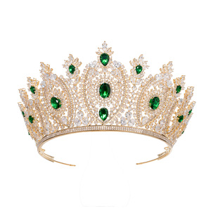 Diadème Élégant en Cuivre Doré avec Cristaux CZ Vert Émeraude, Couronne Ovale en Cristal Taillé Poire, Bijou de Mariage <span class=keywords><strong>Indien</strong></span> et Pakistanais pour Mariée et Reine - Product Image 6
