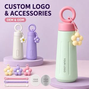 Factory Wholesale 450ml Stainless Steel Vacuum Flask Custom Insulated Water <b>Bottle</b> with Portable Ring Handle Flower Charm - Product Image 4