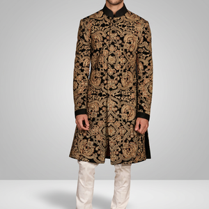 NEW--STYLISH DESIGN of ZARI & RESHAM EMBROIDERY WORK on BLACK SHERWANI WITH WHITE <b>PANT</b> Men's Suits & Blazer>Men's Suits - Product Image 5