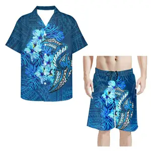 Мужские летние комплекты модной одежды для мужчин с коротким рукавом, полинезийский Племенной гибискус, модная одежда на заказ, рубашка и брюки, 2 шт.