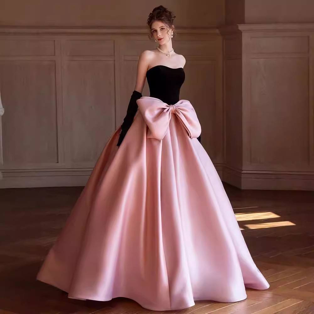 green emerald velvet dress Pink Tulle Lace Long Prom Dress, A-Line Two Pieces Graduation Dress main image 1