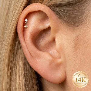 Pendiente de Titanio G23 Premium con Zirconia y Oro Sólido de 14K, Diseño de Estrella del Norte de 8 Puntas, Biocompatible, Parte Trasera Plana, Helix Celestial - Product Image 5
