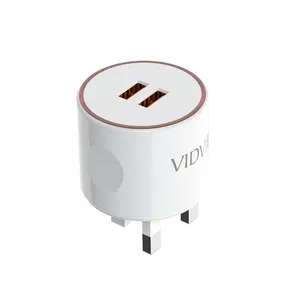 VIDVIE Circular Design UK Pins Dual USB Ports Charging Head Mobile Charger Phone Adapter With Night LED Light