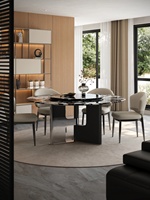 Table à manger ronde en marbre avec pieds en acier carbone et plateau tournant intégré pour hôtel, villa, maison et restaurant, usage quotidien