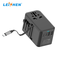 Adaptateur de voyage LEISHEN avec câble USB-C rétractable, universel mondial, GaN 45W, nouvelle tendance, adaptateur de prise secteur EU UK US AU