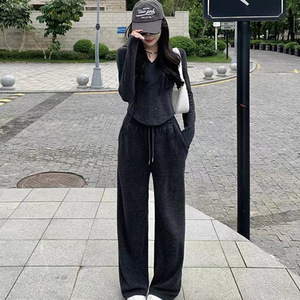 Women's Casual Two Piece Set Grey Oatmeal Hooded Sweatshirt Loose Wide Leg Pants Spring Autumn Solid Color Polyester - Product Image 3