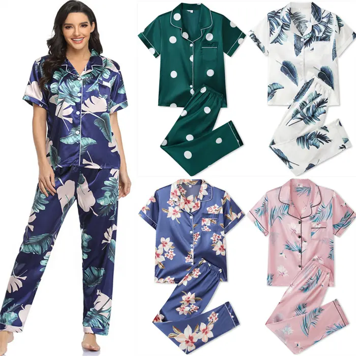 Conjunto de 2 peças de pijama de seda estampado luxuoso para mulheres, blusa de manga curta e calça longa, novo design