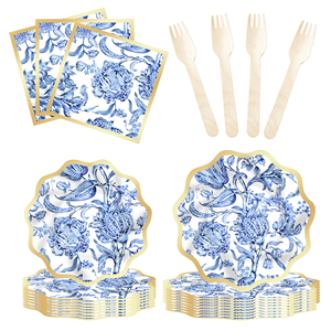 Juego de Vajilla Desechable con Diseño Floral Azul DAMAI, Platos de Papel con Estampado en Caliente, Platos de Papel Florales Azules - Product Image 2