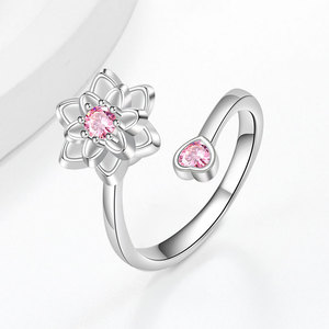 Dainty Flower Anxiety <b>Spin</b> <b>Ring</b> Open Adjustable Pink Cubic Zirconia Copper Rhodium Plated Lotus Flower Rotating Base Jewelry - Product Image 6