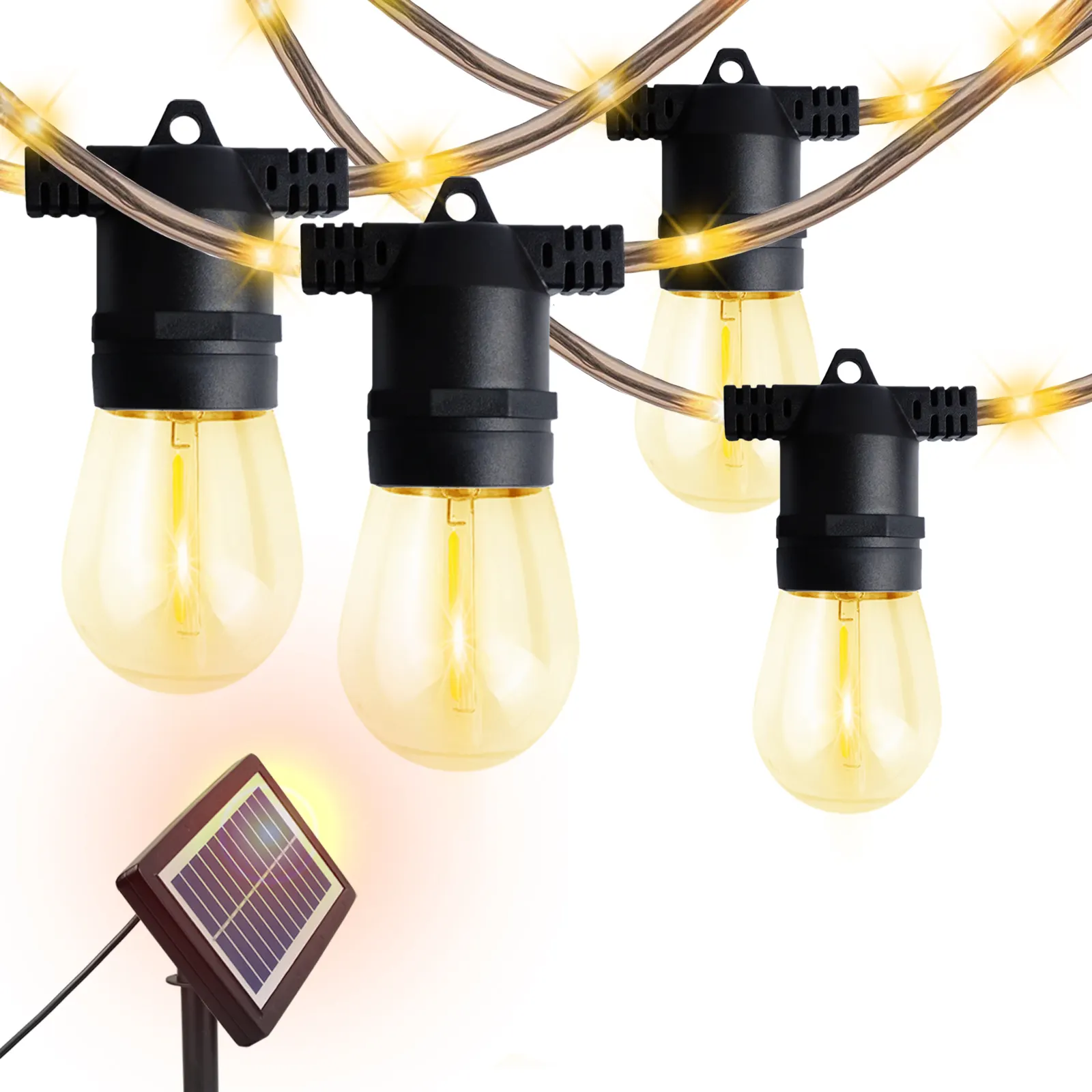 2 en 1 Luces de cadena solares E26/E27 enchufes 29 pies 10 PCs S14 bombillas con tira de luz de cuerda de hadas