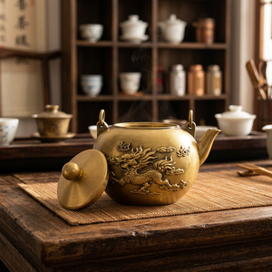 Théière traditionnelle chinoise en laiton avec motif de dragon et couvercle, bouilloire à eau avec poignée en métal - Product Image 6