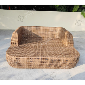 Chaise longue de luxe en rotin de style tropical, tressée à la main, résistante aux intempéries, lit double en rotin pour l'extérieur avec coussin, mobilier de villa personnalisé - Product Image 2