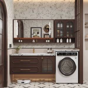French style antique rock slab ceramic seamless basin intelligent <b>mirror</b> washing machine integrated bathroom cabinet - Product Image 4