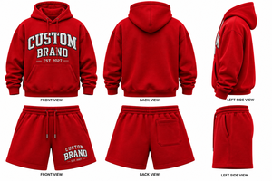 Ensemble sweat à capuche et short pour homme personnalisé, en molleton rouge, décontracté, pour l'automne, avec logo imprimé sur le devant, polyester/coton - Product Image 4