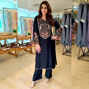 Costume Anarkali brodé noir pour femmes, coupe ample, en coton, vêtements décontractés, longueur cheville, style ethnique indien pakistanais - Product Image 3
