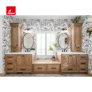 Allandcabinets White Oak Cabinet Stain Shaker Panel Vanity and Bathroom With Double Sinks and Two Smart Mirror