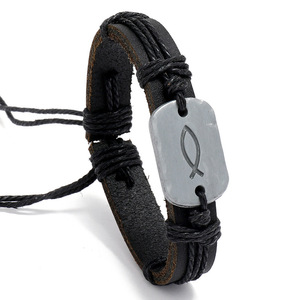 Bracciale in Pelle Intrecciata Fatto a Mano con Simbolo del Pesci per Ragazzi e Uomini, Stile Vintage, Vendita all'Ingrosso - Product Image 5