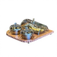 Ensemble de bols de service en métal avec couvercle en verre et plateau en bois, design moderne, pour servir les aliments lors de fêtes