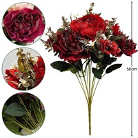 Buket Bunga Mawar Peony Buatan dengan Glitter Emas Grosir, Tangkai 50cm untuk Dekorasi Rumah dan Acara Natal