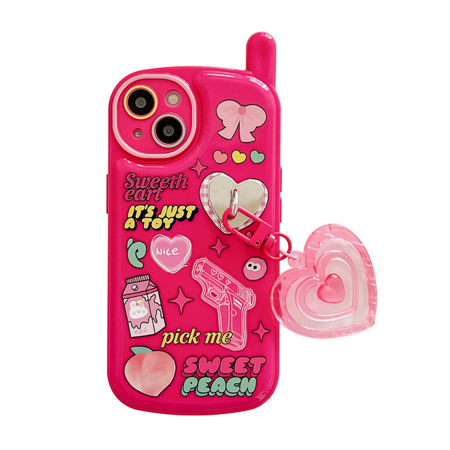 3D Telephone Cartoon Cute Girl Love Heart Keychain Soft Case for iPhone 14 Plus 13 Pro Max 12 11 XR X XS
