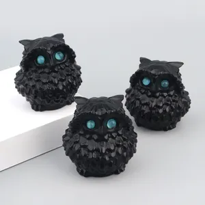 Chất Lượng Cao Tay Khắc Tự Nhiên Màu Đen Obsidian Pha Lê Owl Khắc Cho Phong Thủy Trang Trí